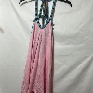 Pink Halter Dress with Blue Pom-Pom Trim